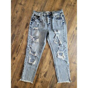 Kancan Women's Estilo High Rise Raw Hem Distressed Jeans Sz 7/27 Blue acid wash